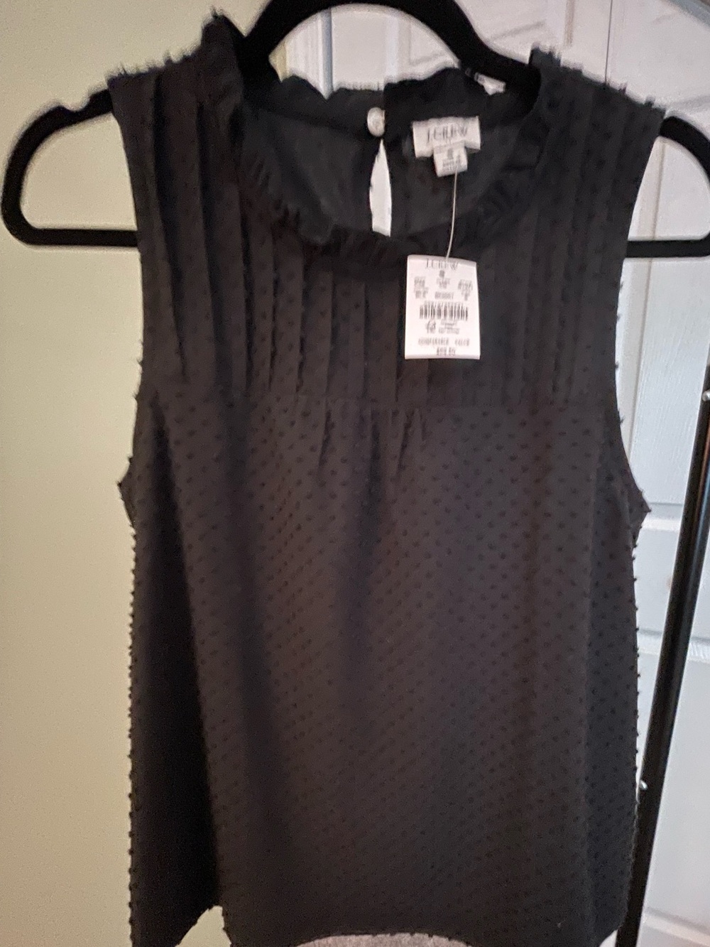 J. Crew Black Sleeveless Swiss Dot Ruffle Neck Blouse